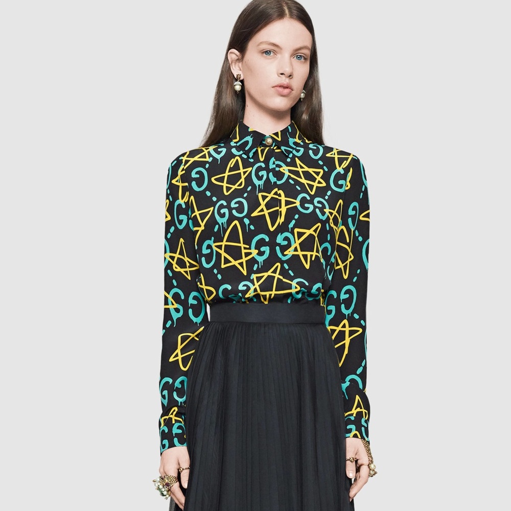 NEW Gucci Ghost 2016 silk button down top - Picture 2 of 11